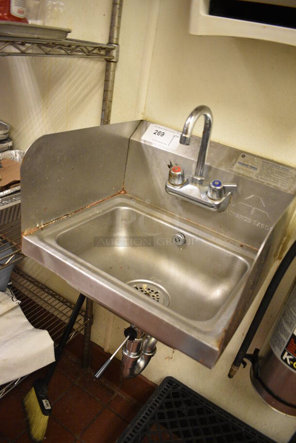 Advance Tabco Stainless Steel Wall Mount Single Bay Sink w/ Side Splash Guards, Faucet and Handles. BUYER MUST REMOVE. 17x15.5x20 - Image 2 of 3