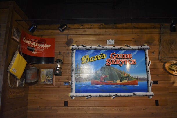 ALL ONE MONEY! Lot of Various Wall Decorations Including Dave's Guide Service, Scott Atwater Sign, Seat Pillow, Net and Fish! BUYER MUST REMOVE - Image 1 of 4