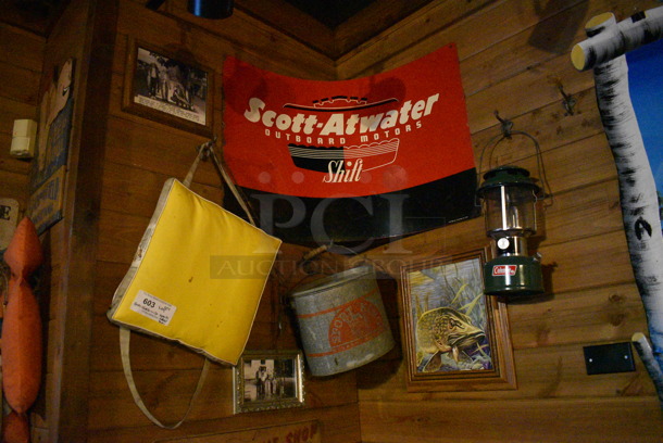ALL ONE MONEY! Lot of Various Wall Decorations Including Dave's Guide Service, Scott Atwater Sign, Seat Pillow, Net and Fish! BUYER MUST REMOVE - Image 2 of 4