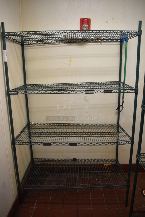 Green Finish 4 Tier Metro Style Shelving Unit. BUYER MUST DISMANTLE. PCI CANNOT DISMANTLE FOR SHIPPING. PLEASE CONSIDER FREIGHT CHARGES. 48x24x75