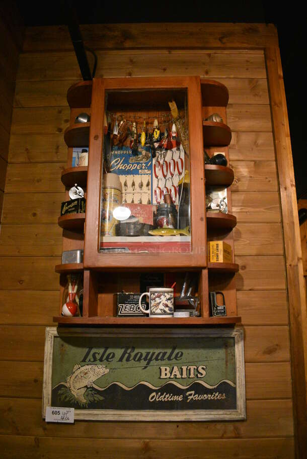 ALL ONE MONEY! Lot of Wooden Display Case w/ Knickknacks and Isle Royale Baits Sign! BUYER MUST REMOVE - Image 1 of 3