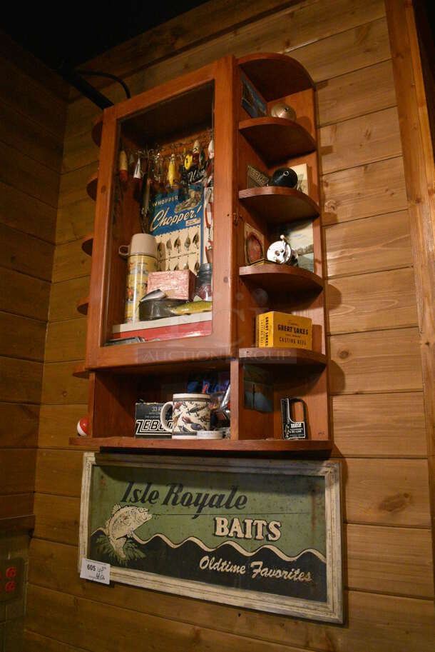 ALL ONE MONEY! Lot of Wooden Display Case w/ Knickknacks and Isle Royale Baits Sign! BUYER MUST REMOVE - Image 2 of 3