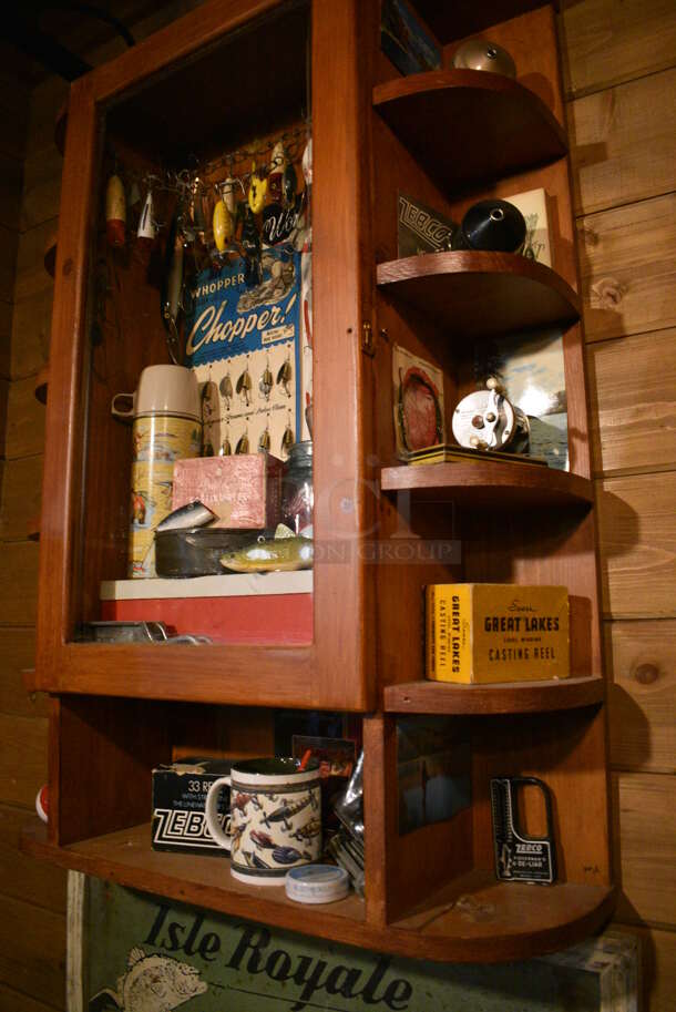 ALL ONE MONEY! Lot of Wooden Display Case w/ Knickknacks and Isle Royale Baits Sign! BUYER MUST REMOVE - Image 3 of 3
