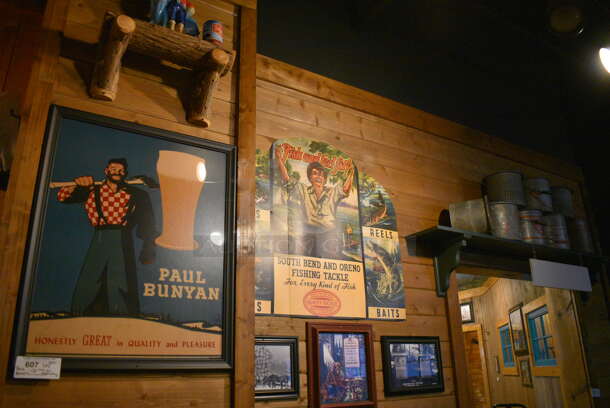 ALL ONE MONEY! Lot of Various Wall Decorations Including Paul Bunyan Memorabilia, Pictures and Metal Tins! BUYER MUST REMOVE - Image 1 of 6
