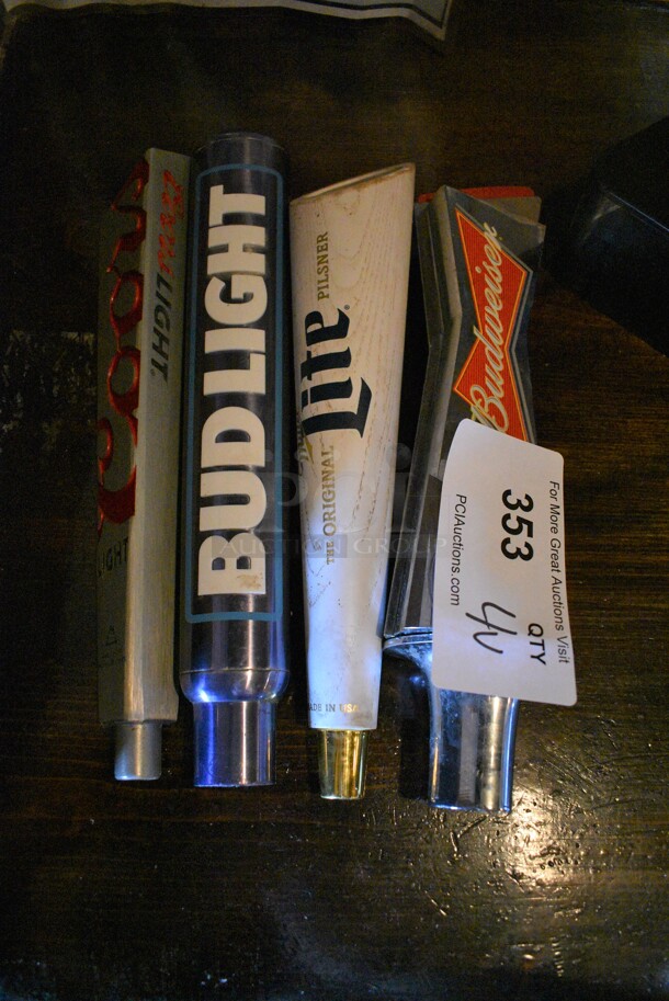 4 Beer Tap Handles; Coors Light, Bud Light, Miller Lite and Budweiser. 3.5x3.5x9. 4 Times Your Bid!