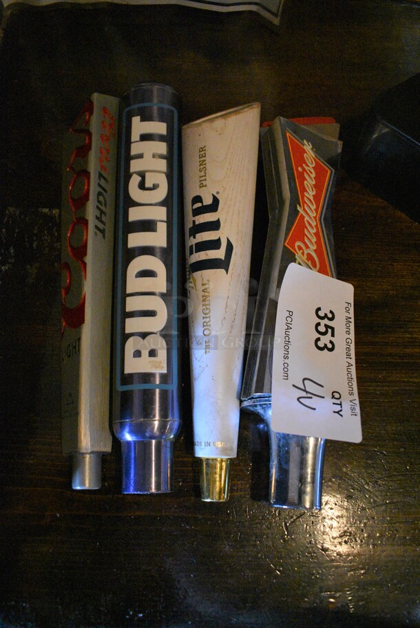 4 Beer Tap Handles; Coors Light, Bud Light, Miller Lite and Budweiser. 3.5x3.5x9. 4 Times Your Bid! - Image 1 of 3