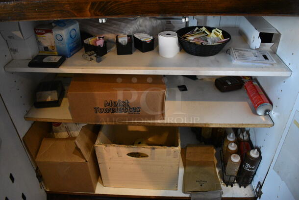 ALL ONE MONEY! Lot of Various Items In Cabinet Including Sugar Caddies and Condiment Bottles!