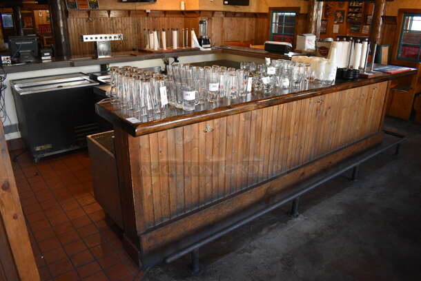 AMAZING! Wooden U Shaped Bar w/ Beer Tower and Metal Foot Rail. BUYER MUST REMOVE. 199x147x45 - Image 1 of 6