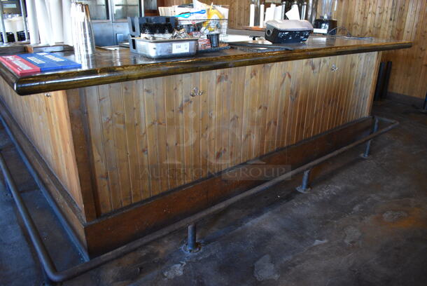 AMAZING! Wooden U Shaped Bar w/ Beer Tower and Metal Foot Rail. BUYER MUST REMOVE. 199x147x45 - Image 3 of 6