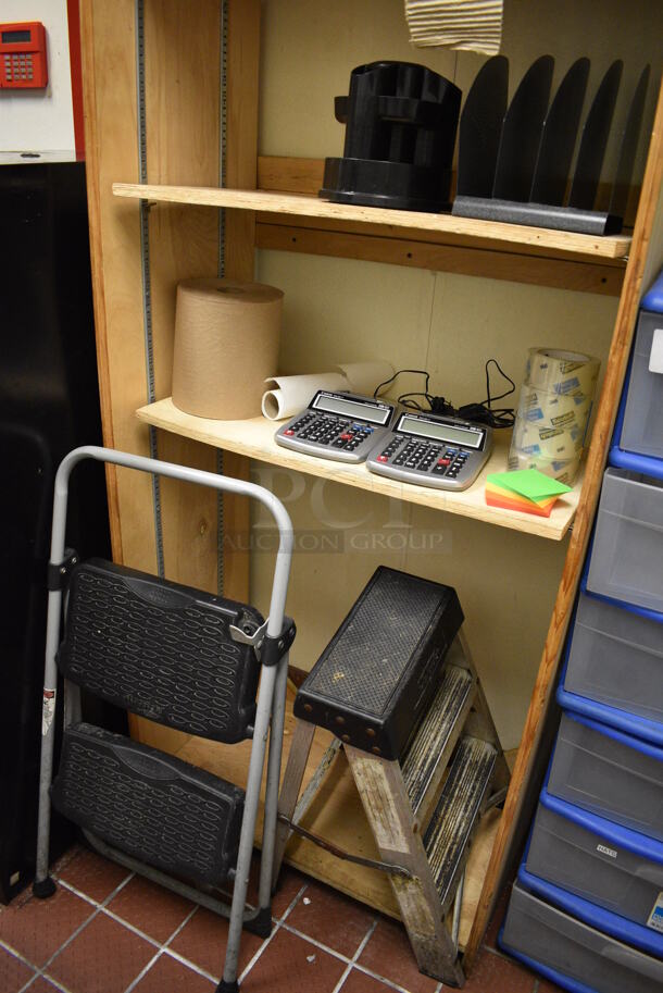 ALL ONE MONEY! Lot of Wooden Shelving Unit w/ 2 Ladders, 2 Calculators and Lightbulbs! BUYER MUST REMOVE. 32x16x97 - Image 2 of 5