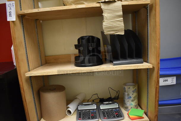 ALL ONE MONEY! Lot of Wooden Shelving Unit w/ 2 Ladders, 2 Calculators and Lightbulbs! BUYER MUST REMOVE. 32x16x97 - Image 3 of 5