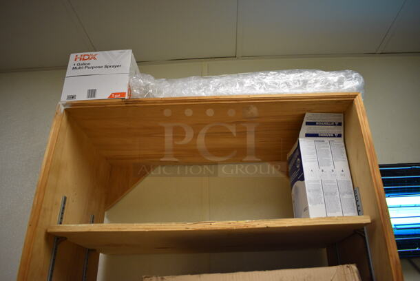ALL ONE MONEY! Lot of Wooden Shelving Unit w/ 2 Ladders, 2 Calculators and Lightbulbs! BUYER MUST REMOVE. 32x16x97 - Image 4 of 5