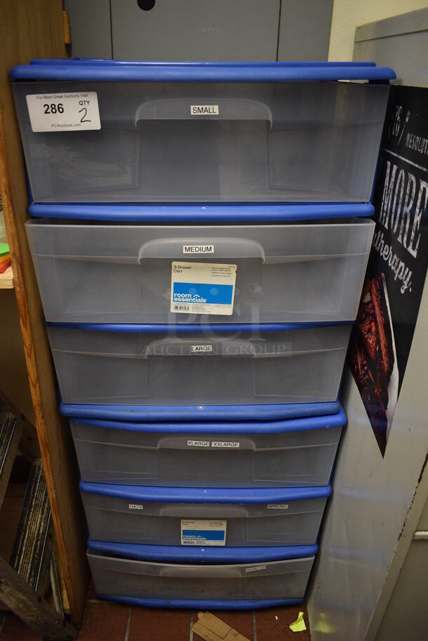 2 Blue and Clear Poly 3 Drawer Units. 21x15x24. 2 Times Your Bid!