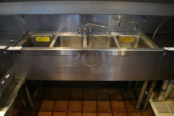 Perlick Stainless Steel Commercial 4 Bay Sink w/ Faucet, Handles and Backsplash. BUYER MUST REMOVE. 48x19x36. Bays 10x14x9