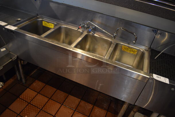 Perlick Stainless Steel Commercial 4 Bay Sink w/ Faucet, Handles and Backsplash. BUYER MUST REMOVE. 48x19x36. Bays 10x14x9 - Image 3 of 5
