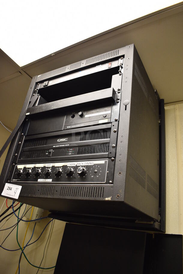 4 Rack Units in Black Metal Holder; Middle Atlantic Model PD-915R Power Center, TOA Model BG-130 Integrated Amplifier, QSC Model ISA 500Ti Professional Amplifier and Lowell. BUYER MUST REMOVE. 22x24x28 - Image 2 of 7