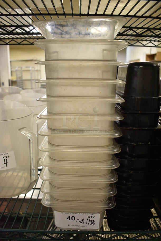 11 Poly Clear 1/6 Size Drop In Bins w/ 2 Straining Drop In Bins. 1/6x6. 11 Times Your Bid!
 - Image 1 of 3