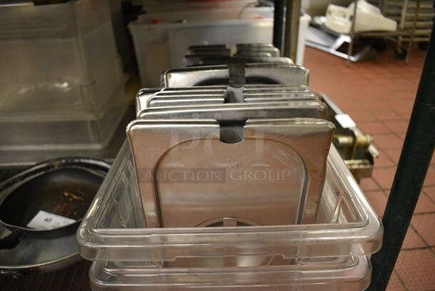 24 Stainless Steel 1/3 Size Drop In Bin Lids in 2 Poly Clear Containers w/ 2 Lids. 12x18x9. 24 Times Your Bid!