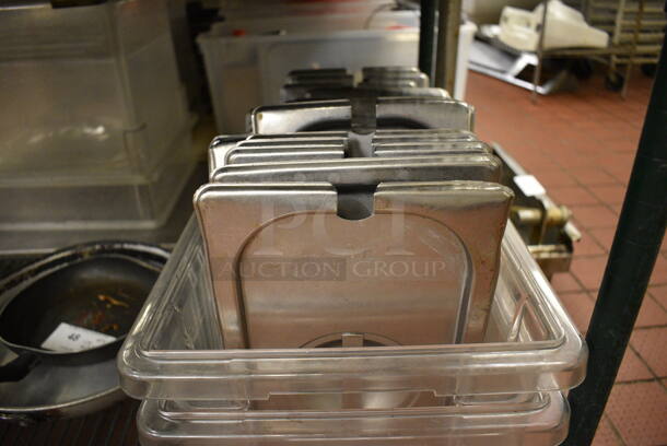 24 Stainless Steel 1/3 Size Drop In Bin Lids in 2 Poly Clear Containers w/ 2 Lids. 12x18x9. 24 Times Your Bid! - Image 1 of 2