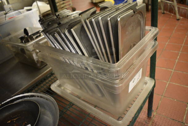 24 Stainless Steel 1/3 Size Drop In Bin Lids in 2 Poly Clear Containers w/ 2 Lids. 12x18x9. 24 Times Your Bid! - Image 2 of 2