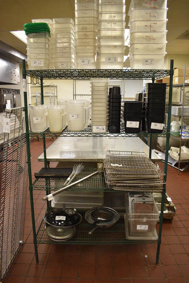 Green Finish 4 Tier Metro Style Shelving Unit. Does Not Include Contents. BUYER MUST DISMANTLE. PCI CANNOT DISMANTLE FOR SHIPPING. PLEASE CONSIDER FREIGHT CHARGES. 48x24x75 - Image 1 of 2