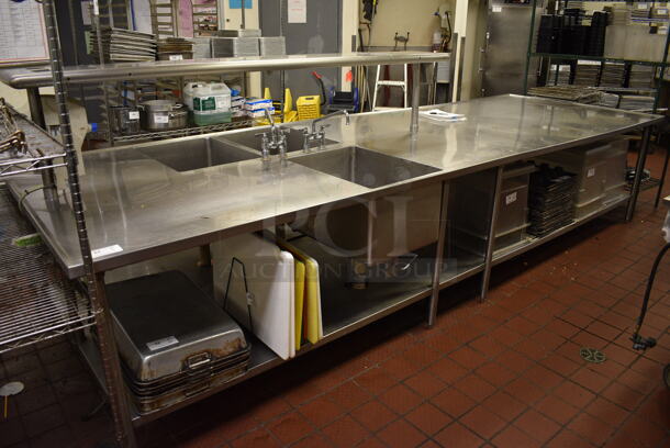 Stainless Steel Commercial Table w/ 3 Sink Bays, 2 Faucet/Handle Set Ups, Overshelf and Undershelf. Does Not Come w/ Contents. BUYER MUST REMOVE. 168x56x54. Bays 18x24.5x14