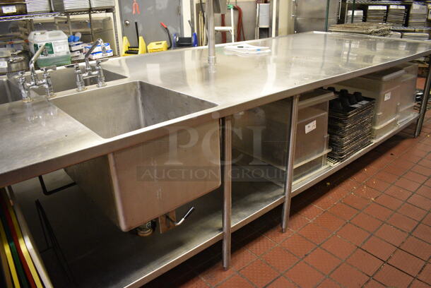 Stainless Steel Commercial Table w/ 3 Sink Bays, 2 Faucet/Handle Set Ups, Overshelf and Undershelf. Does Not Come w/ Contents. BUYER MUST REMOVE. 168x56x54. Bays 18x24.5x14 - Image 3 of 4