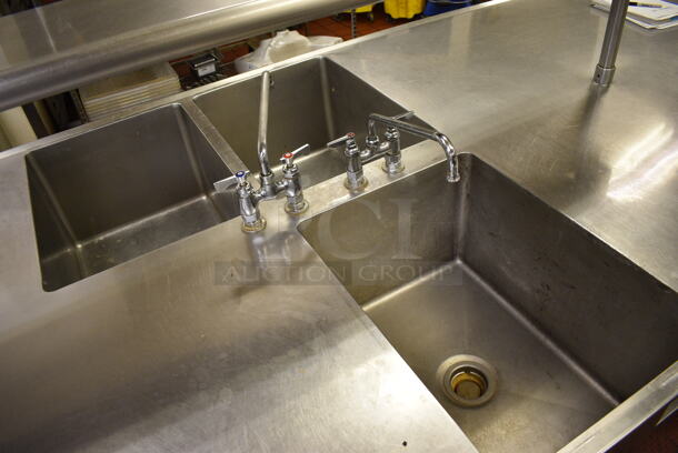 Stainless Steel Commercial Table w/ 3 Sink Bays, 2 Faucet/Handle Set Ups, Overshelf and Undershelf. Does Not Come w/ Contents. BUYER MUST REMOVE. 168x56x54. Bays 18x24.5x14 - Image 4 of 4
