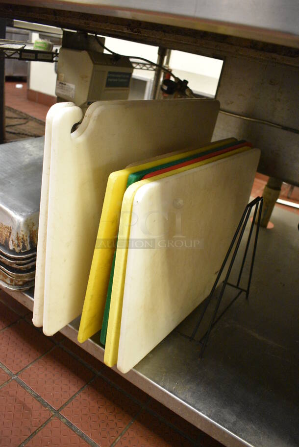 ALL ONE MONEY! Lot of Black Metal Cutting Board Rack w/ 8 Various Cutting Boards! Includes 24x18 - Image 1 of 2