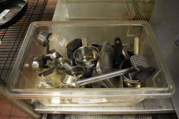 ALL ONE MONEY! Lot of Various Metal Utensils Including Meat Tenderizer in Clear Poly Bin!