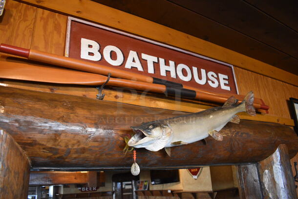 ALL ONE MONEY! Lot of Wall Decorations Including Fishing Picture, Boathouse Sign, Oars, Fish, Bait, Waterfall Picture and Outdoor Life Picture. BUYER MUST REMOVE - Image 4 of 6