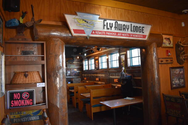 ALL ONE MONEY! Lot of Wall Decorations Including Fly Away Lodge Sign, Basket, Windmill, Fish Picture, Antlers. BUYER MUST REMOVE - Image 1 of 6