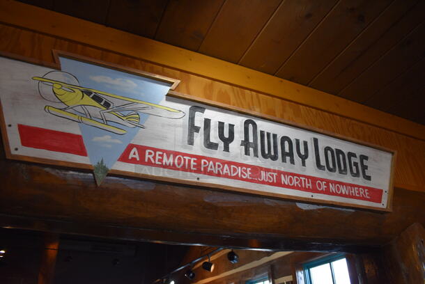 ALL ONE MONEY! Lot of Wall Decorations Including Fly Away Lodge Sign, Basket, Windmill, Fish Picture, Antlers. BUYER MUST REMOVE - Image 3 of 6