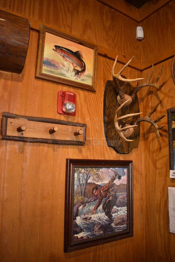 ALL ONE MONEY! Lot of Wall Decorations Including Fly Away Lodge Sign, Basket, Windmill, Fish Picture, Antlers. BUYER MUST REMOVE - Image 4 of 6