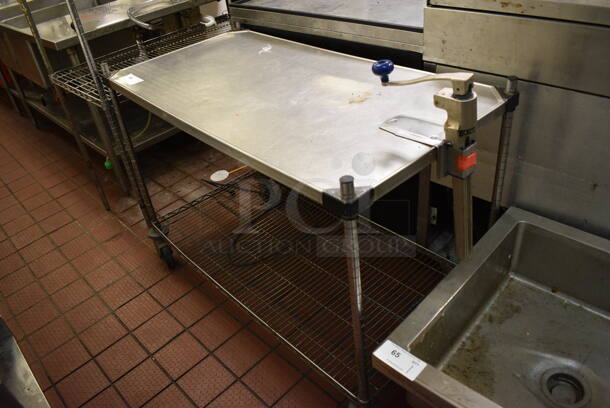Metal Table w/ Metro Style Undershelf and Commercial Mounted Can Opener on Commercial Casters. 48x24x36, 9x4x19