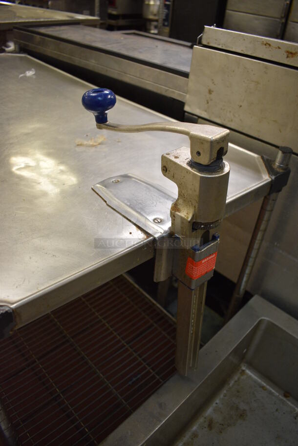 Metal Table w/ Metro Style Undershelf and Commercial Mounted Can Opener on Commercial Casters. 48x24x36, 9x4x19 - Image 2 of 4