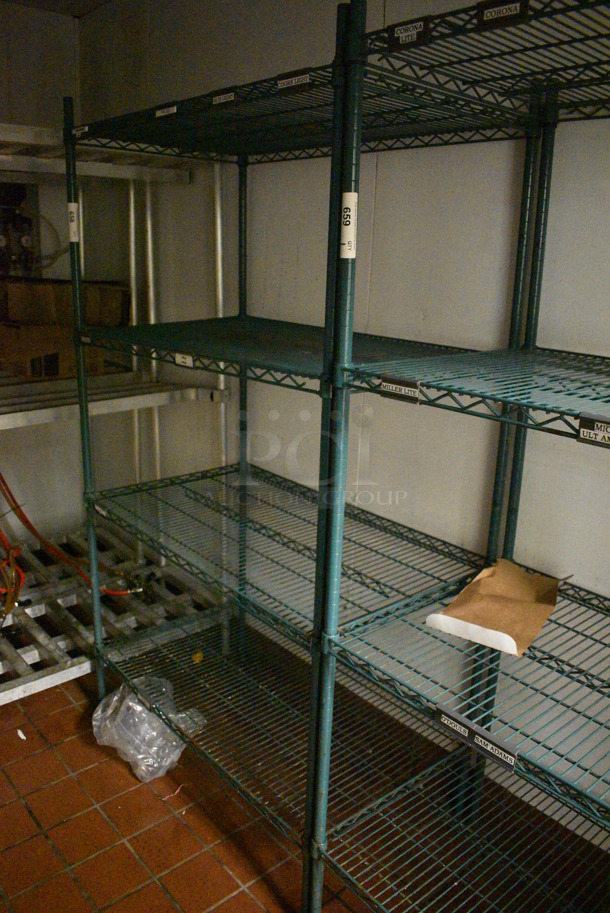 Green Finish 4 Tier Metro Style Shelving Unit. BUYER MUST DISMANTLE. PCI CANNOT DISMANTLE FOR SHIPPING. PLEASE CONSIDER FREIGHT CHARGES. 42x24x74
