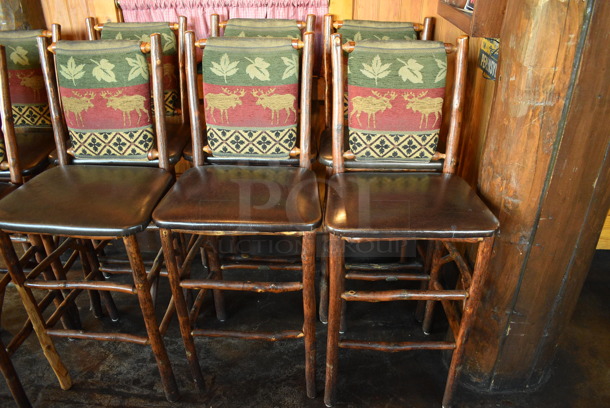 2 Natural Edge Wooden Bar Height Chairs w/ Brown Seat Cushion and Moose / Leaf Backrest. Stock Picture - Cosmetic Condition May Vary. 20x17x48. 2 Times Your Bid! - Image 2 of 5