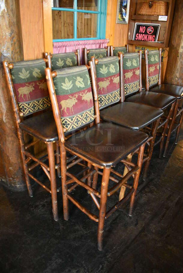 2 Natural Edge Wooden Bar Height Chairs w/ Brown Seat Cushion and Moose / Leaf Backrest. Stock Picture - Cosmetic Condition May Vary. 20x17x48. 2 Times Your Bid! - Image 3 of 5