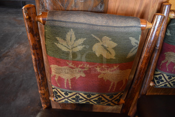 2 Natural Edge Wooden Bar Height Chairs w/ Brown Seat Cushion and Moose / Leaf Backrest. Stock Picture - Cosmetic Condition May Vary. 20x17x48. 2 Times Your Bid! - Image 4 of 5