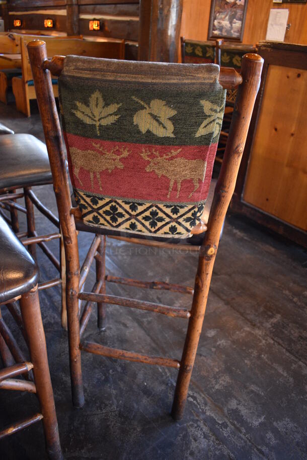 2 Natural Edge Wooden Bar Height Chairs w/ Brown Seat Cushion and Moose / Leaf Backrest. Stock Picture - Cosmetic Condition May Vary. 20x17x48. 2 Times Your Bid! - Image 5 of 5