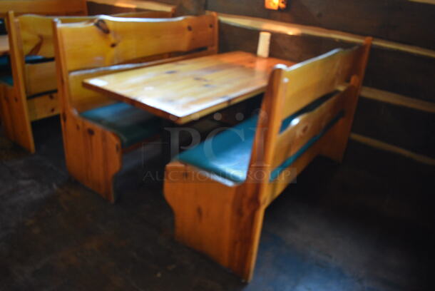 ALL ONE MONEY! Lot of Wooden Table on 2 Black Metal Straight Leg Table Bases and 2 Wooden Natural Edge Benches w/ Green Cushion. 66x30x30, 66x22x42 - Image 2 of 4