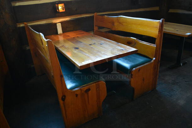 ALL ONE MONEY! Lot of Wooden Table on 2 Black Metal Straight Leg Table Bases and 2 Wooden Natural Edge Benches w/ Green Cushion. 66x30x30, 66x22x42 - Image 3 of 4
