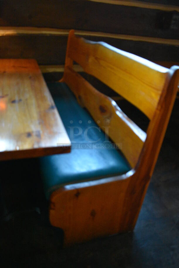 ALL ONE MONEY! Lot of Wooden Table on 2 Black Metal Straight Leg Table Bases and 2 Wooden Natural Edge Benches w/ Green Cushion. 66x30x30, 66x22x42 - Image 4 of 4