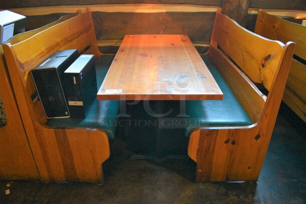 ALL ONE MONEY! Lot of Wooden Table on 2 Black Metal Straight Leg Table Bases and 2 Wooden Natural Edge Benches w/ Green Cushion. 66x30x30, 66x22x42