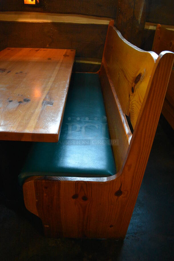 ALL ONE MONEY! Lot of Wooden Table on 2 Black Metal Straight Leg Table Bases and 2 Wooden Natural Edge Benches w/ Green Cushion. 66x30x30, 66x22x42 - Image 2 of 4