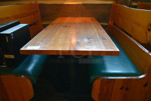 ALL ONE MONEY! Lot of Wooden Table on 2 Black Metal Straight Leg Table Bases and 2 Wooden Natural Edge Benches w/ Green Cushion. 66x30x30, 66x22x42 - Image 3 of 4