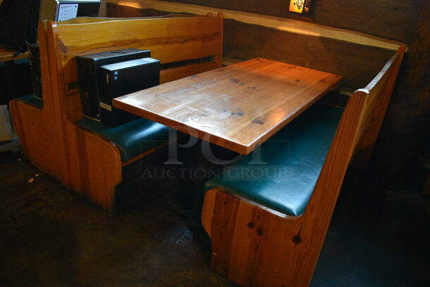 ALL ONE MONEY! Lot of Wooden Table on 2 Black Metal Straight Leg Table Bases and 2 Wooden Natural Edge Benches w/ Green Cushion. 66x30x30, 66x22x42 - Image 4 of 4