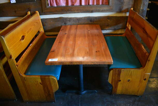 ALL ONE MONEY! Lot of Wooden Table on 2 Black Metal Straight Leg Table Bases and 2 Wooden Natural Edge Benches w/ Green Cushion. 53x30x30, 48x22x42, 52x22x42