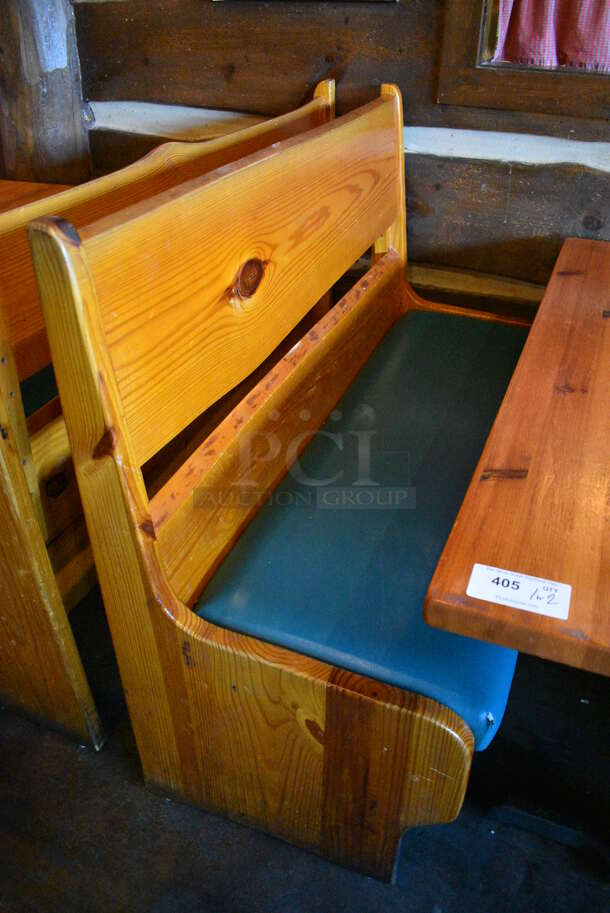 ALL ONE MONEY! Lot of Wooden Table on 2 Black Metal Straight Leg Table Bases and 2 Wooden Natural Edge Benches w/ Green Cushion. 53x30x30, 48x22x42, 52x22x42 - Image 2 of 5